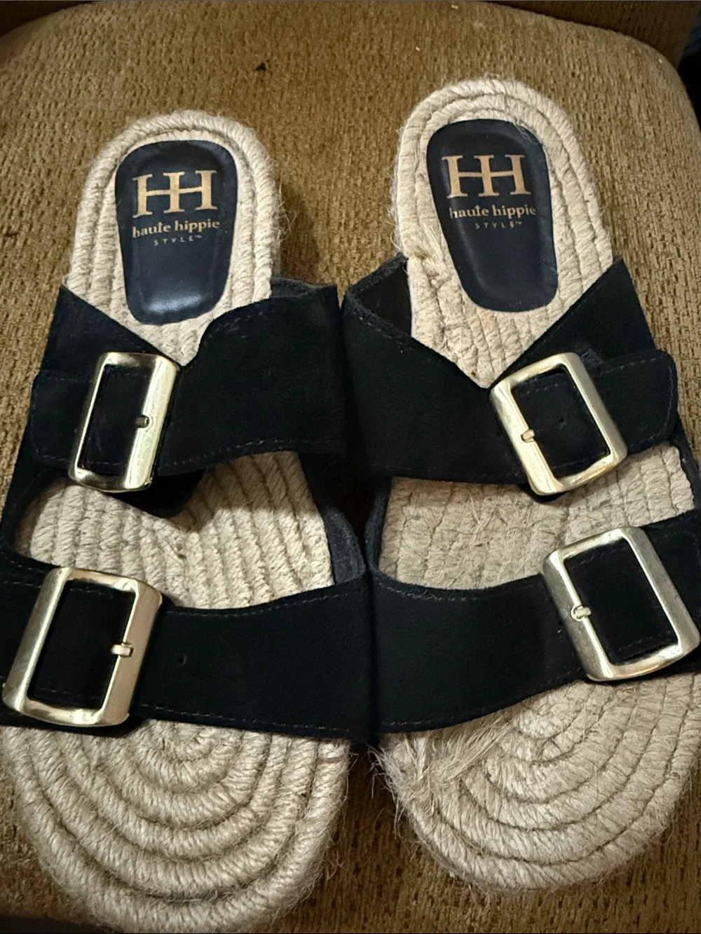 Haute Hippie Black Suede Double Buckle Rope-Trim Slides